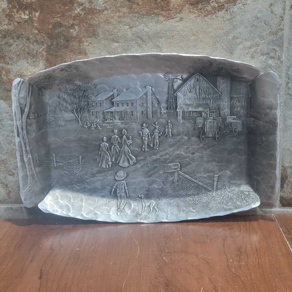 Vintage Handmade Wendell August Tray Metal Aluminum Amish Farm Scene Decorative